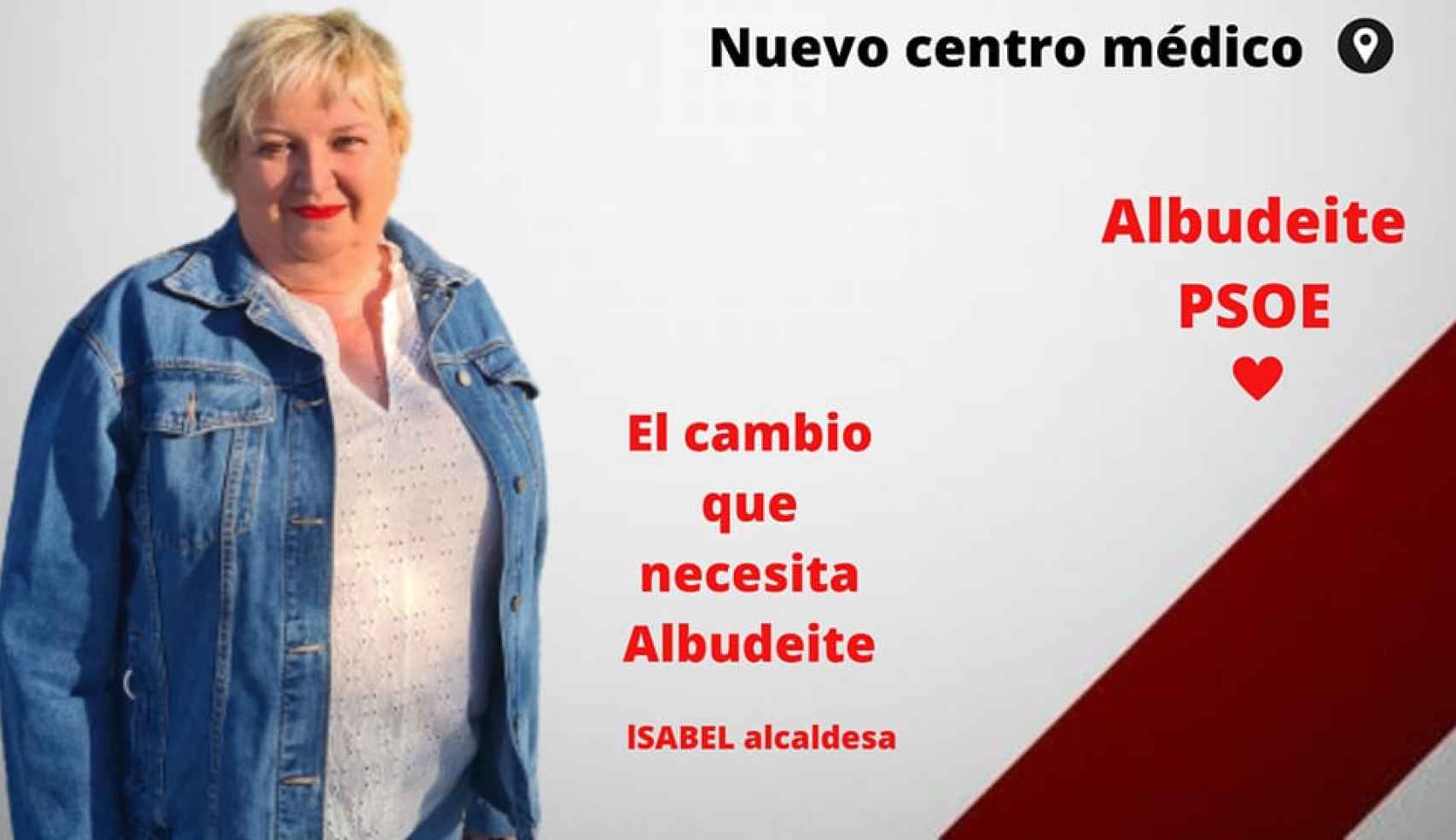 El cartel electoral de Isabel Peñalver, de momento candidata del PSOE al Ayuntamiento de Albudeite.