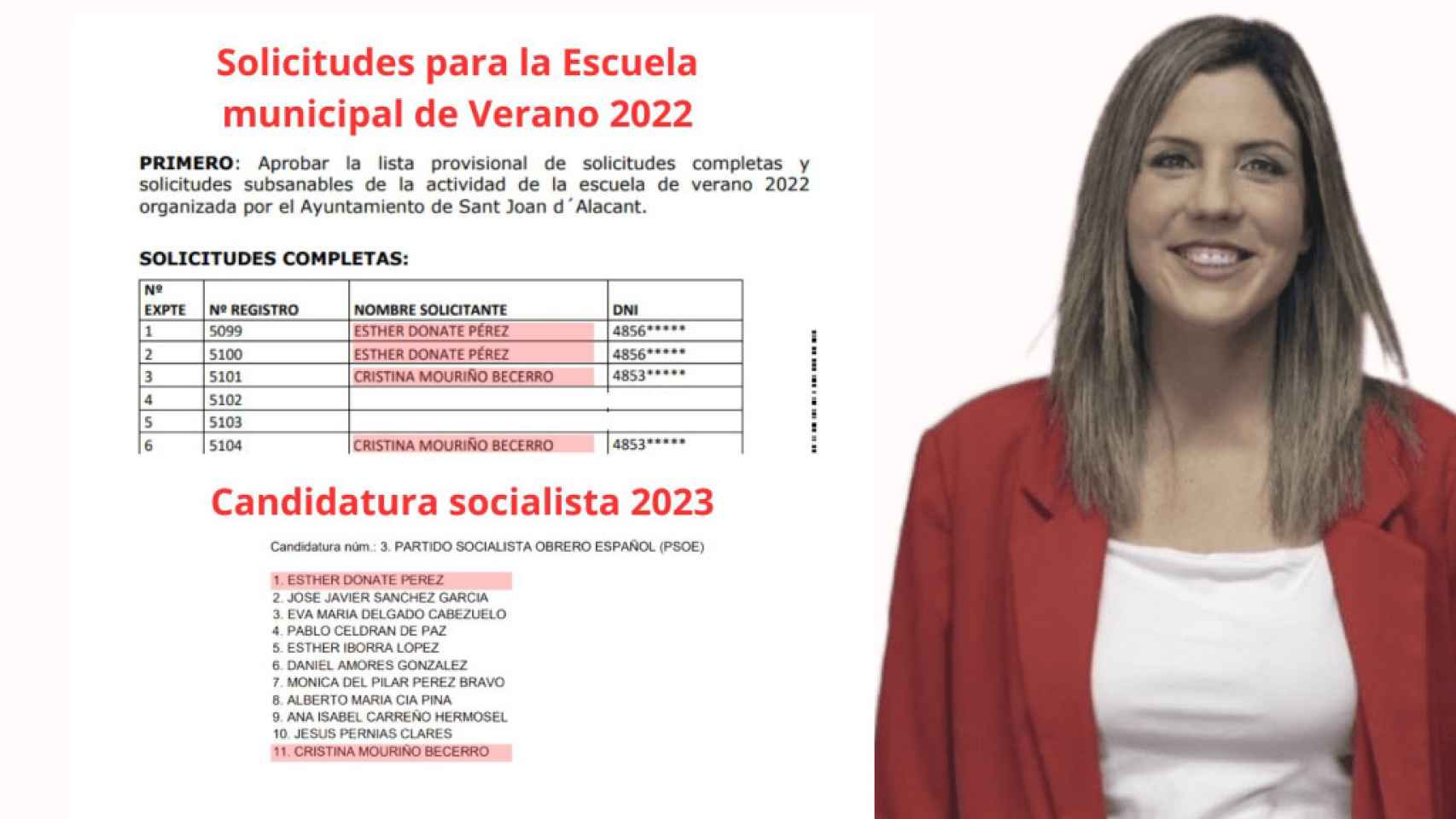 La candidata del PSPV-PSOE de Sant Joan, Esther Donate, y la inscripción de su hijos en la escuela de verano.