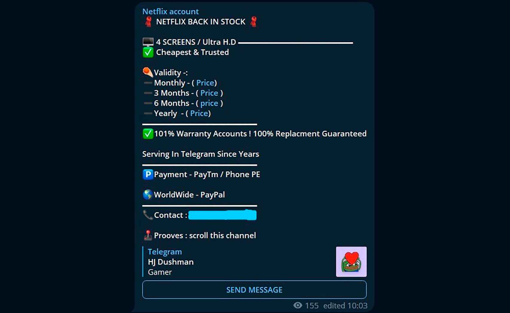 Venta de cuentas de Netflix en Telegram