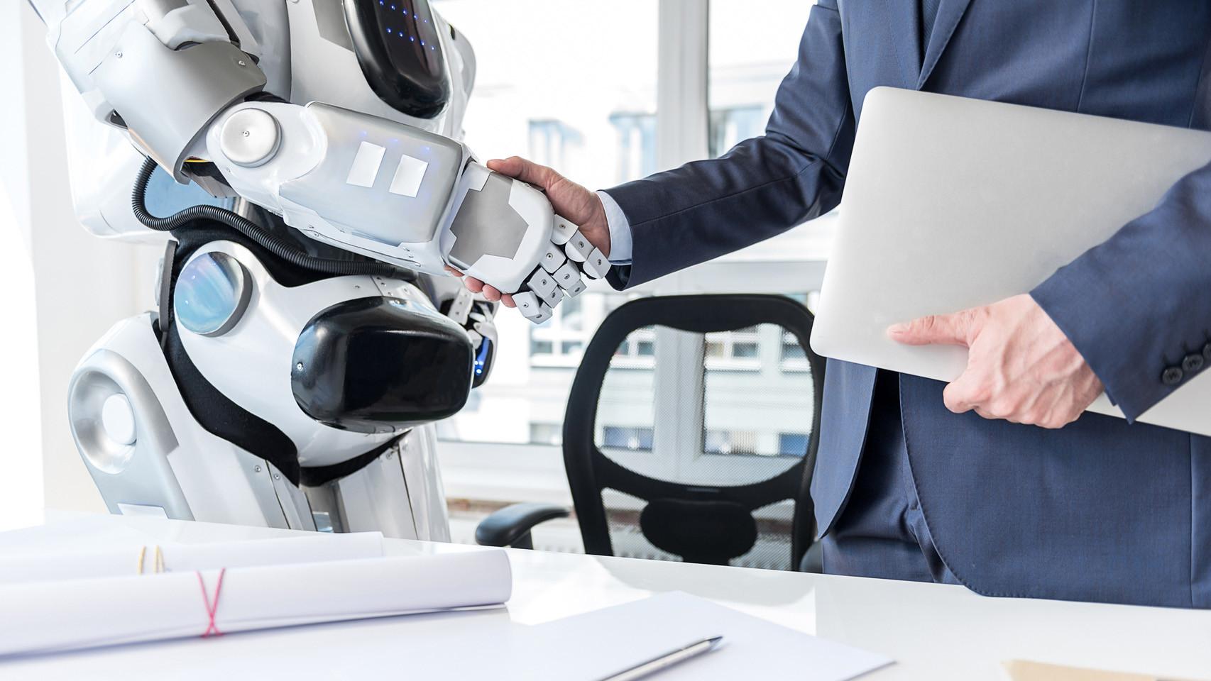 Ilustración de un robot en una entrevista de trabajo.