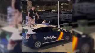 Unos jóvenes se graban saltando entre risas sobre un coche de la Policía Nacional en Alicante