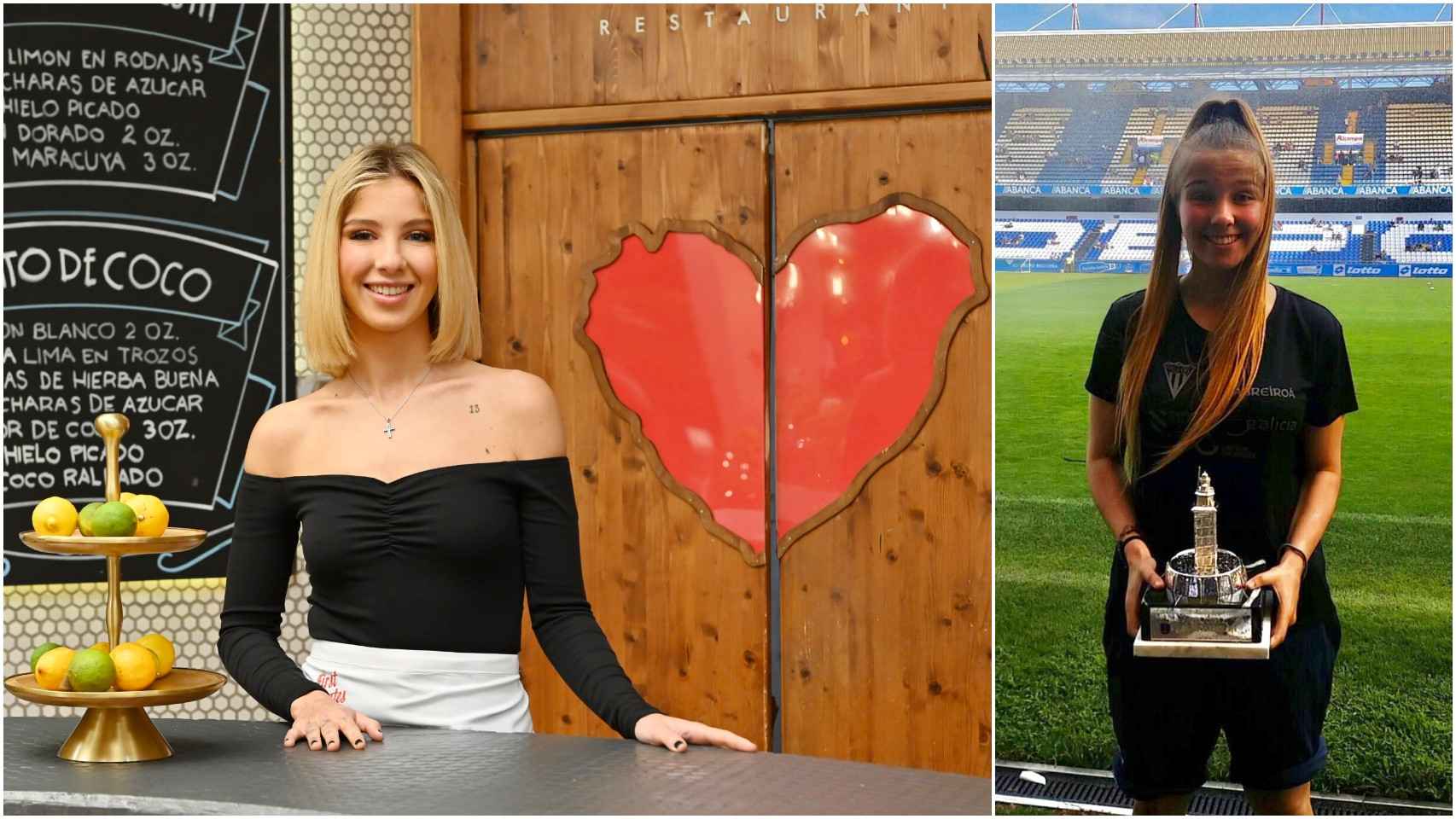 Laura Boado, nueva camarera de 'First Dates' y, a la derecha, en su etapa como jugadora de fútbol.