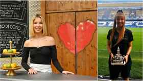Laura Boado, nueva camarera de 'First Dates' y, a la derecha, en su etapa como jugadora de fútbol.