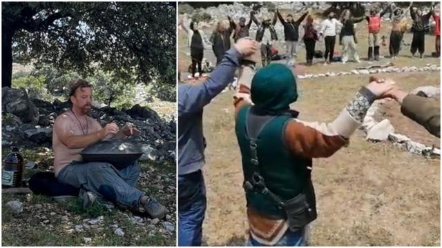 A la izquierda, un hermano en la Sierra de Grazalema; a la derecha un círculo sagrado.