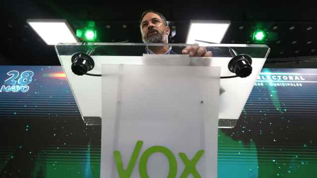 El presidente de Vox, Santiago Abascal, este domingo en la sede de su partido.