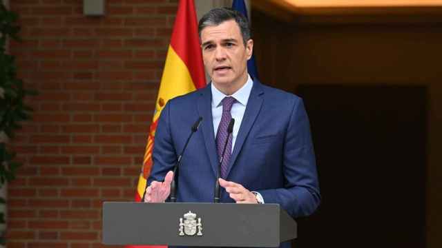 El presidente del Gobierno, Pedro Sánchez durante la comparecencia de este lunes en la Moncloa.