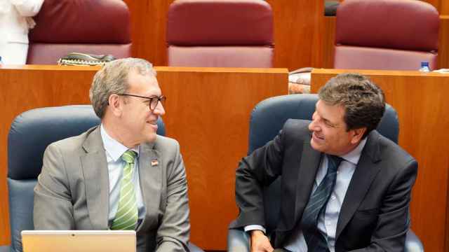 Los consejeros de industria y Economía, respectivamente, Mariano Veganzones y Carlos Fernández Carriedo, conversan en el Pleno de las Cortes