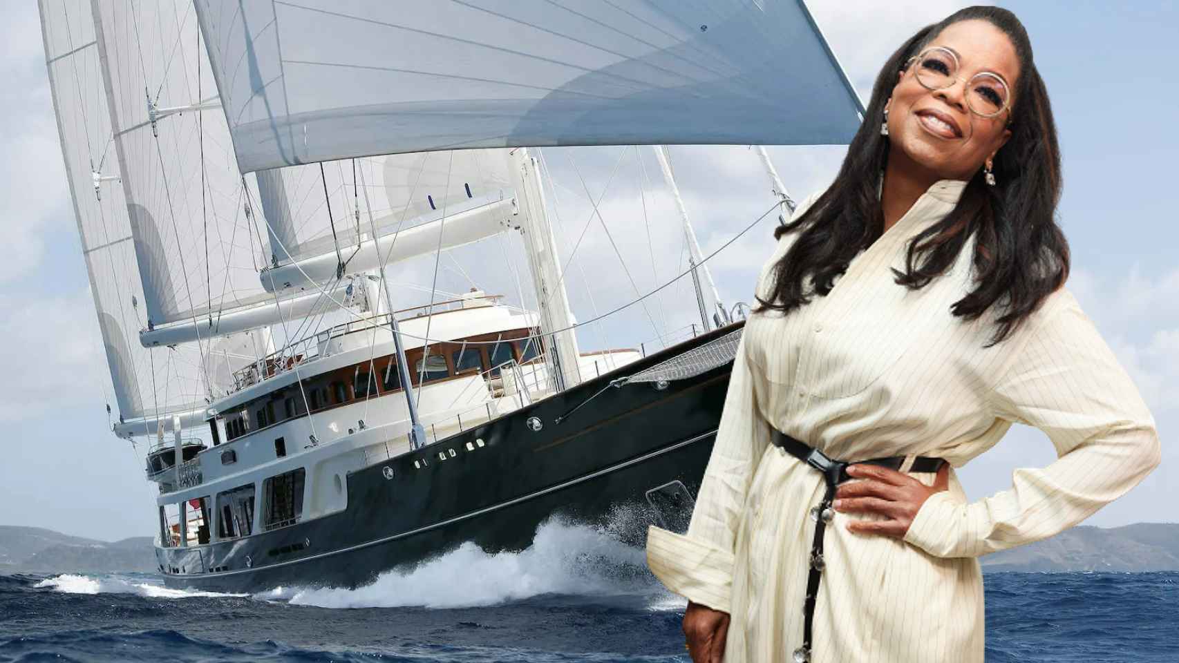 Oprah Winfrey junto al velero con el que Oprah Winfrey ha navegado en Mallorca, en un montaje de JALEOS.