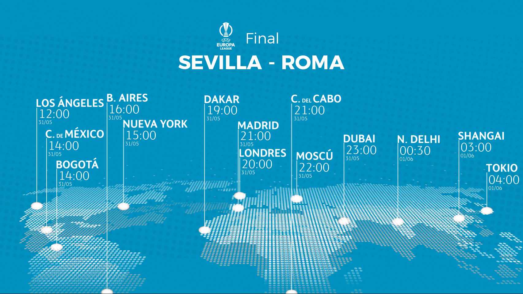 El horario internacional de la final de la Europa League entre el Sevilla y el AS Roma