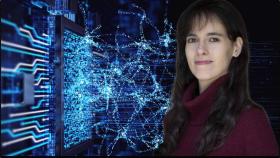 La filósofa Carissa Véliz sobre un fondo que representa la inteligencia artificial.