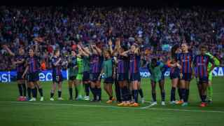 Las jugadoras del FC Barcelona Femenino tras un partido de la Champions League femenina