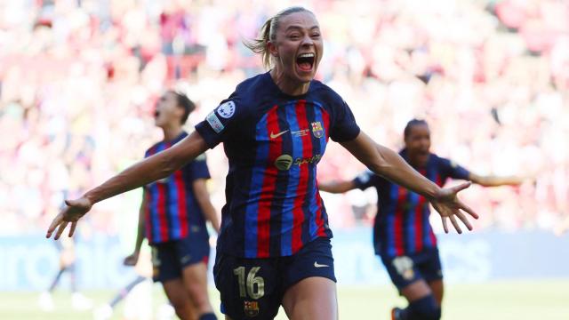 Rolfo celebra el tercer gol del Barcelona en la final de la Champions femenina.