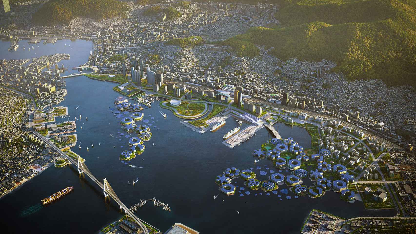 Recreación del Puerto Norte de Busan, donde se celebraría la Expo Mundial 2030, con la ciudad flotante e inteligente en primer plano. FOTO : OCEANIX/BIG-Bjarke Ingels Group.