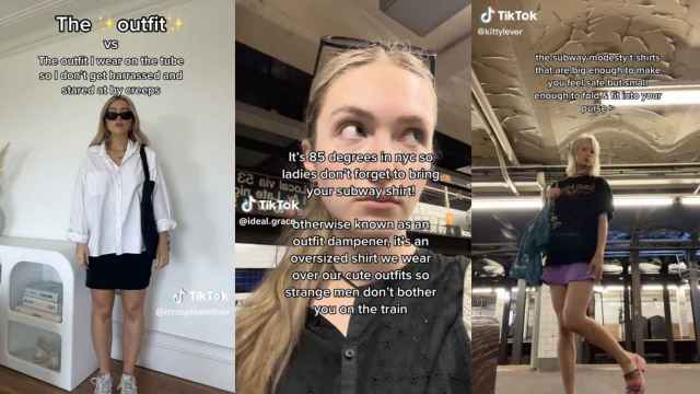 Tres imágenes de TikTok que muestran la camisa que utilizan las mujeres para cubrirse en el metro.