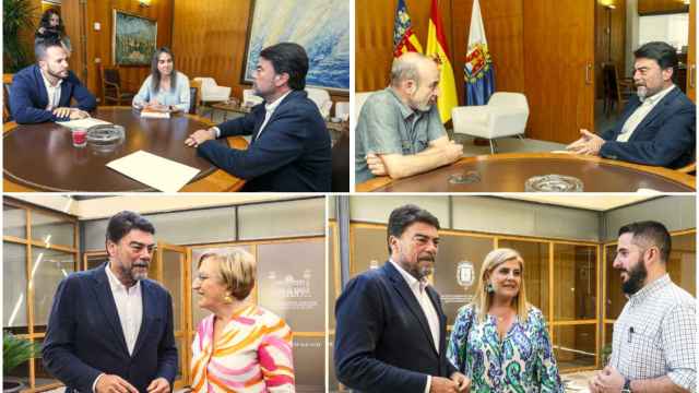 Luis Barcala con Compromís, Unides per Alacant, Vox y PSOE, en el sentido horario.
