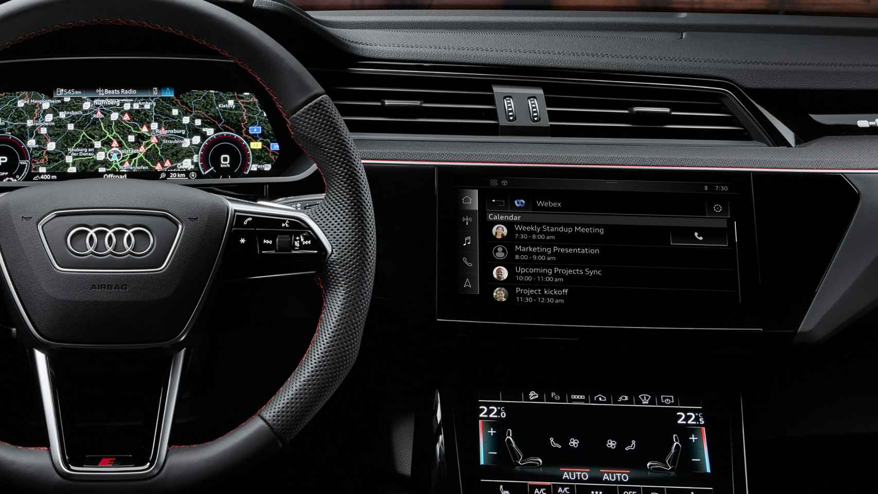 La herramienta de colaboración Webex en la pantalla de un coche de Audi.