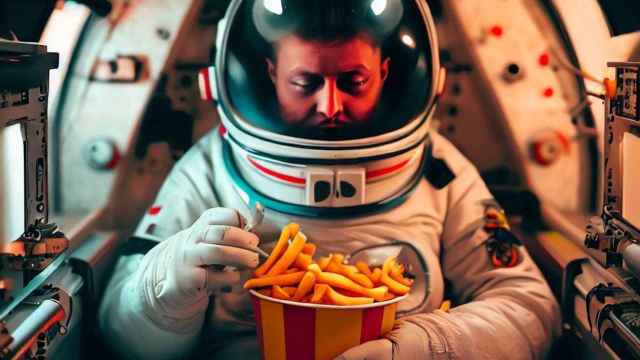 Imagen generada por IA de un astronauta comiendo patatas fritas.