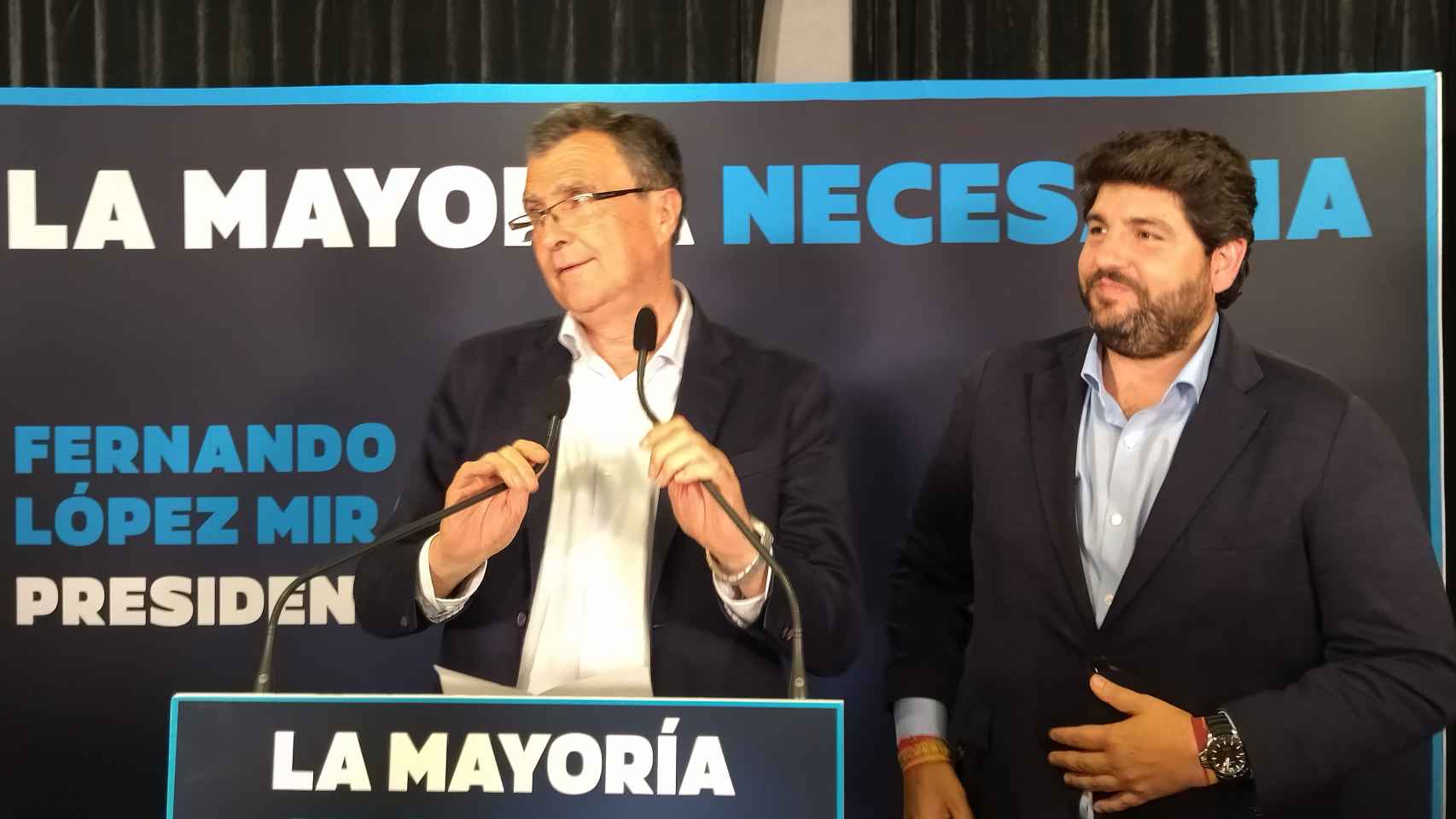Ballesta y López Miras, en la rueda de prensa que ofrecieron el 28 de mayo para analizar los resultados de las elecciones municipales y autonómicas.