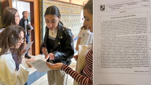 Alumnos, a la izquierda, y el examen de Lengua y Literatura a la derecha