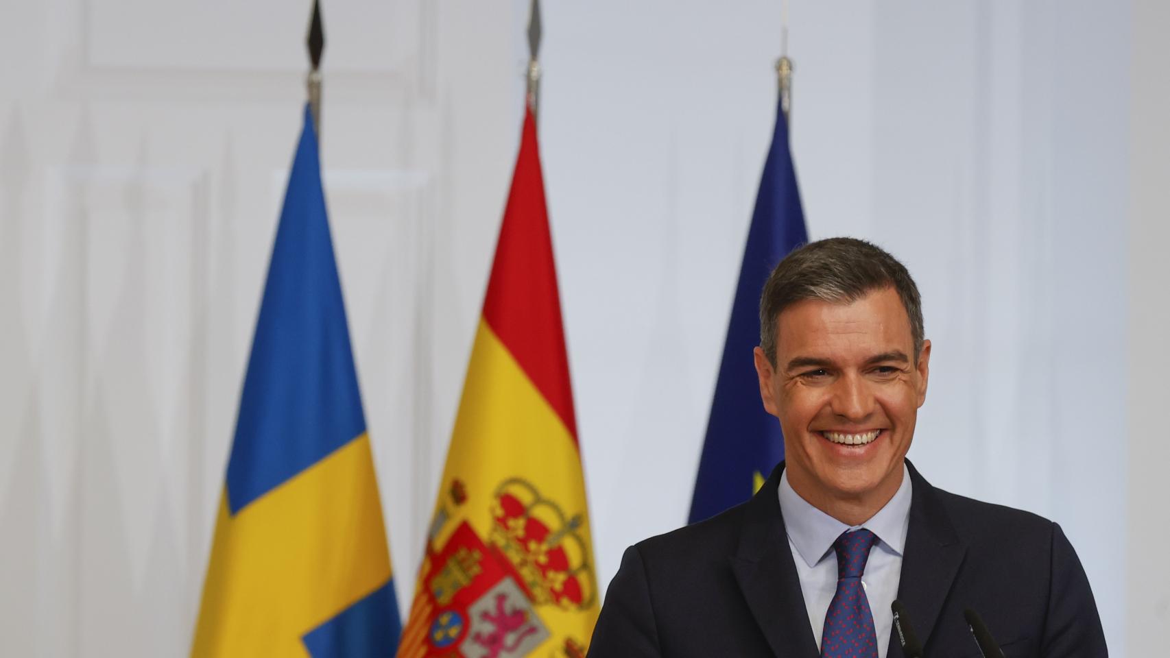 El presidente del Gobierno, Pedro Sánchez, durante la rueda de prensa conjunta celebrada con el primer ministro de Suecia, Ulf Kristersson.