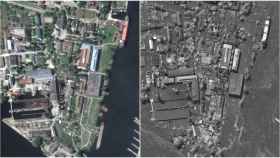 Una imagen satélite muestra el cauce del Dniéper el 15 de mayo (izda.) y el 6 de junio (dcha.).