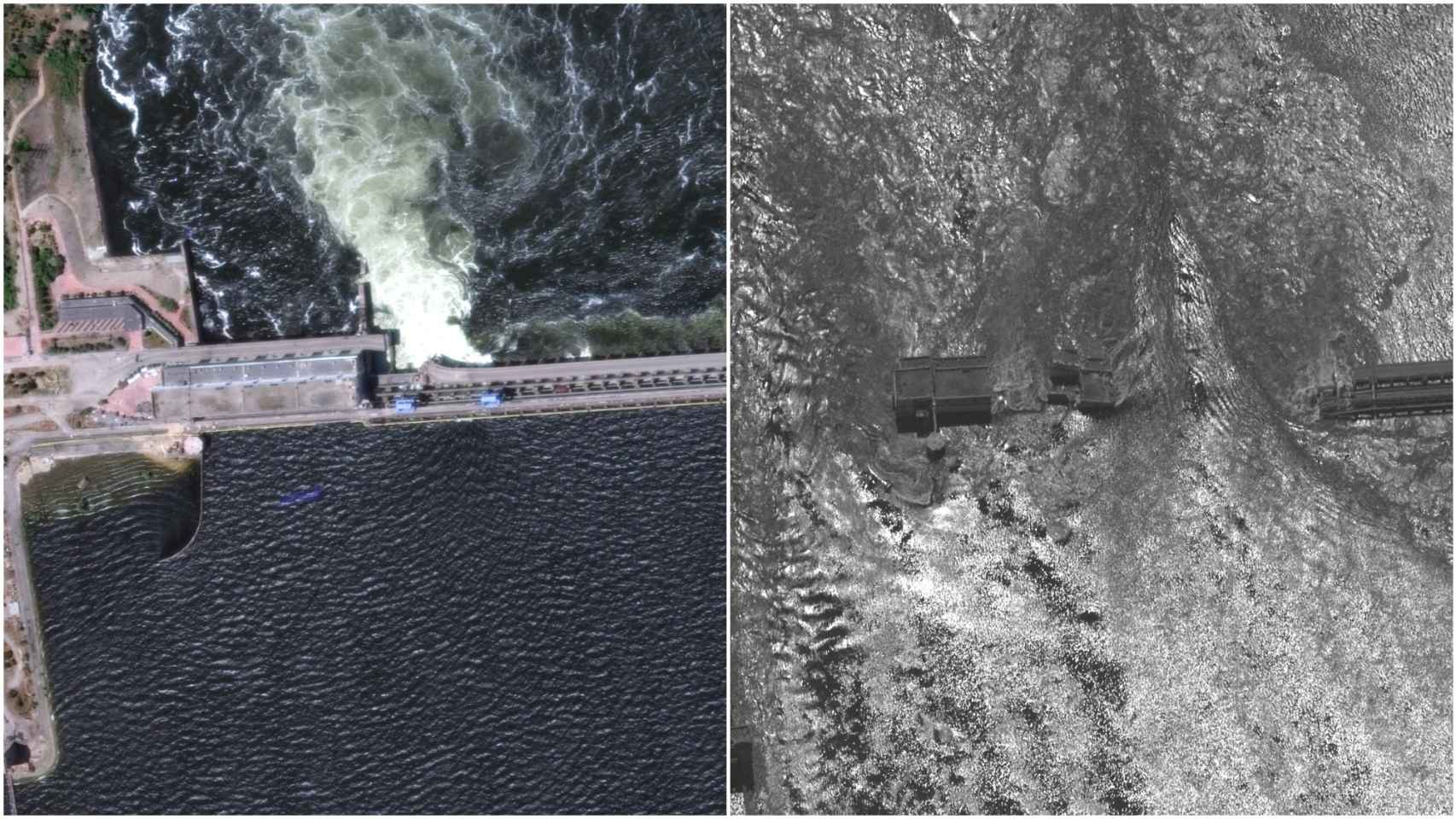 La presa y central hidroeléctrica de Nova Kajovka antes de su derrumbamiento (izda.) y el 6 de junio (dcha.).