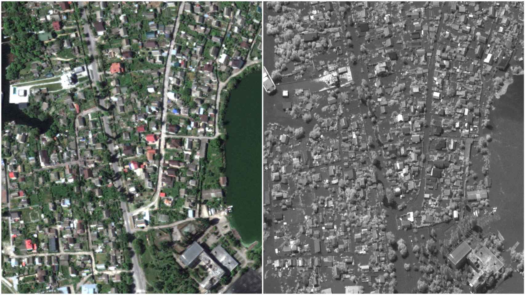 Una imagen de satélite de una urbanización a lo largo del río Dniéper antes (izda.) y después (dcha.) del 6 de junio.