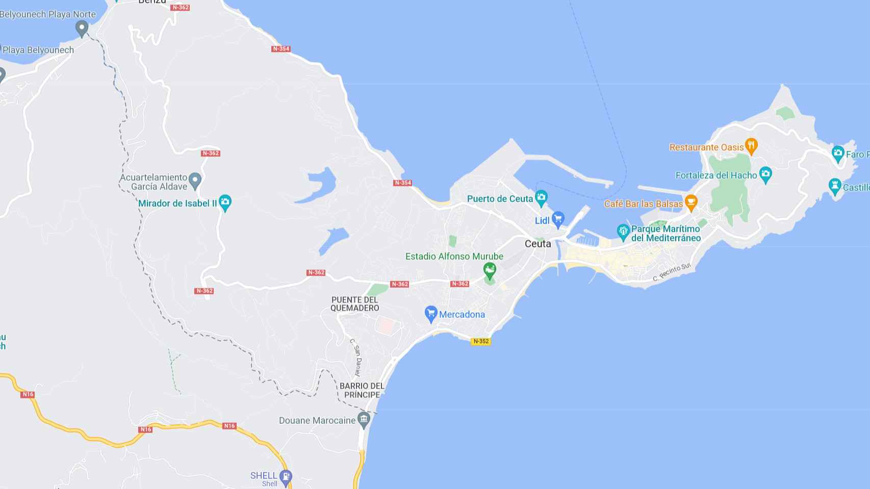 Frontera entre Ceuta y Marruecos según Google Maps