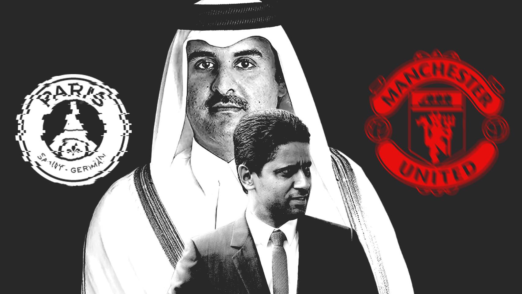 El Emir de Qatar y Nasser Al-Khelaïfi, en un fotomontaje junto a los escudos del PSG y el Manchester United