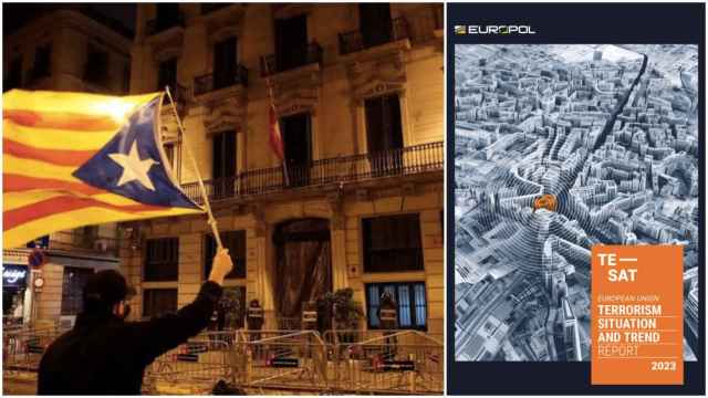 Disturbios separatistas ante la comisaría de Policía Nacional en Vía Laietana (Barcelona) y la portada del informe de Europol.