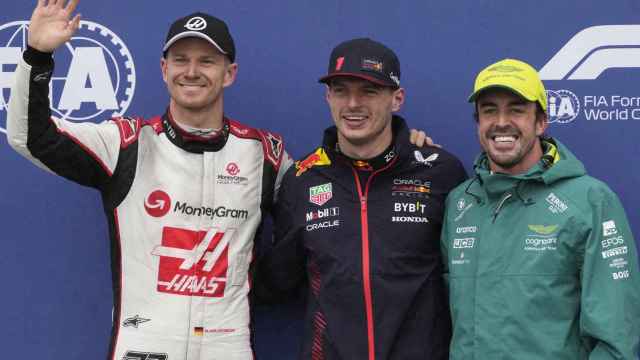 Niko Hulkenberg, Max Verstappen y Fernando Alonso tras la clasificación del Gran Premio de Canadá.