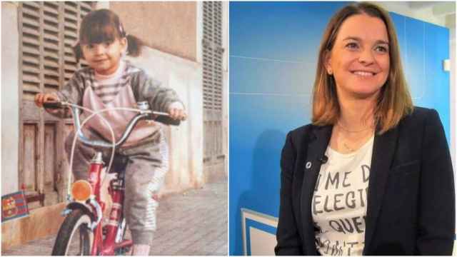 Marga Prohens, de niña sobre una bicicleta y en una foto reciente.