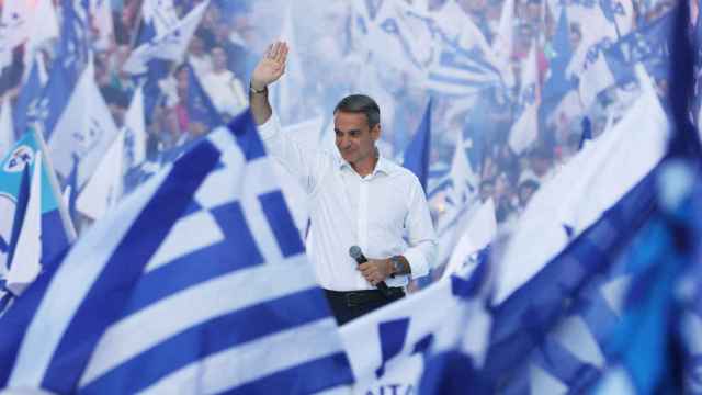 Kyriakos Mitsotakis, primer ministro de Grecia, en el cierre del campaña en Atenas.