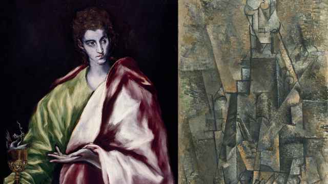 El Greco: 'San Juan Evangelista', 1610-14 (Museo del Greco, Toledo). A la derecha, Pablo Picasso: 'Hombre con clarinete', 1911-1912 (Museo Nacional Thyssen-Bornemisza, Madrid © Sucesión Pablo Picasso, VEGAP, Madrid, 2023)