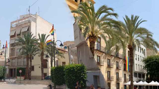 A la izquierda, las banderas que ha puesto el consistorio en la plaza próxima al Ayuntamiento, a la derecha, la bandera LGTBI en uno de los balcones del consistorio ilicitano.
