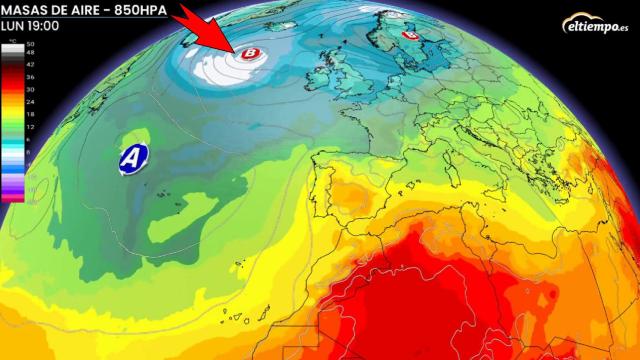 La masa de aire frío procedente del norte que bajará las temperaturas en España. ElTiempo.es.