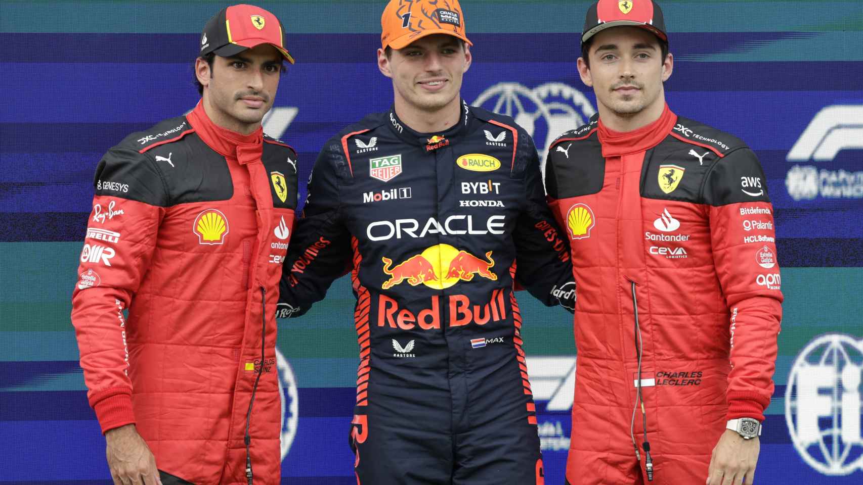 Carlos Sainz Jr., Max Verstappen y Charles Leclerc, tras la clasificación del Gran Premio de Austria de la F1 2023