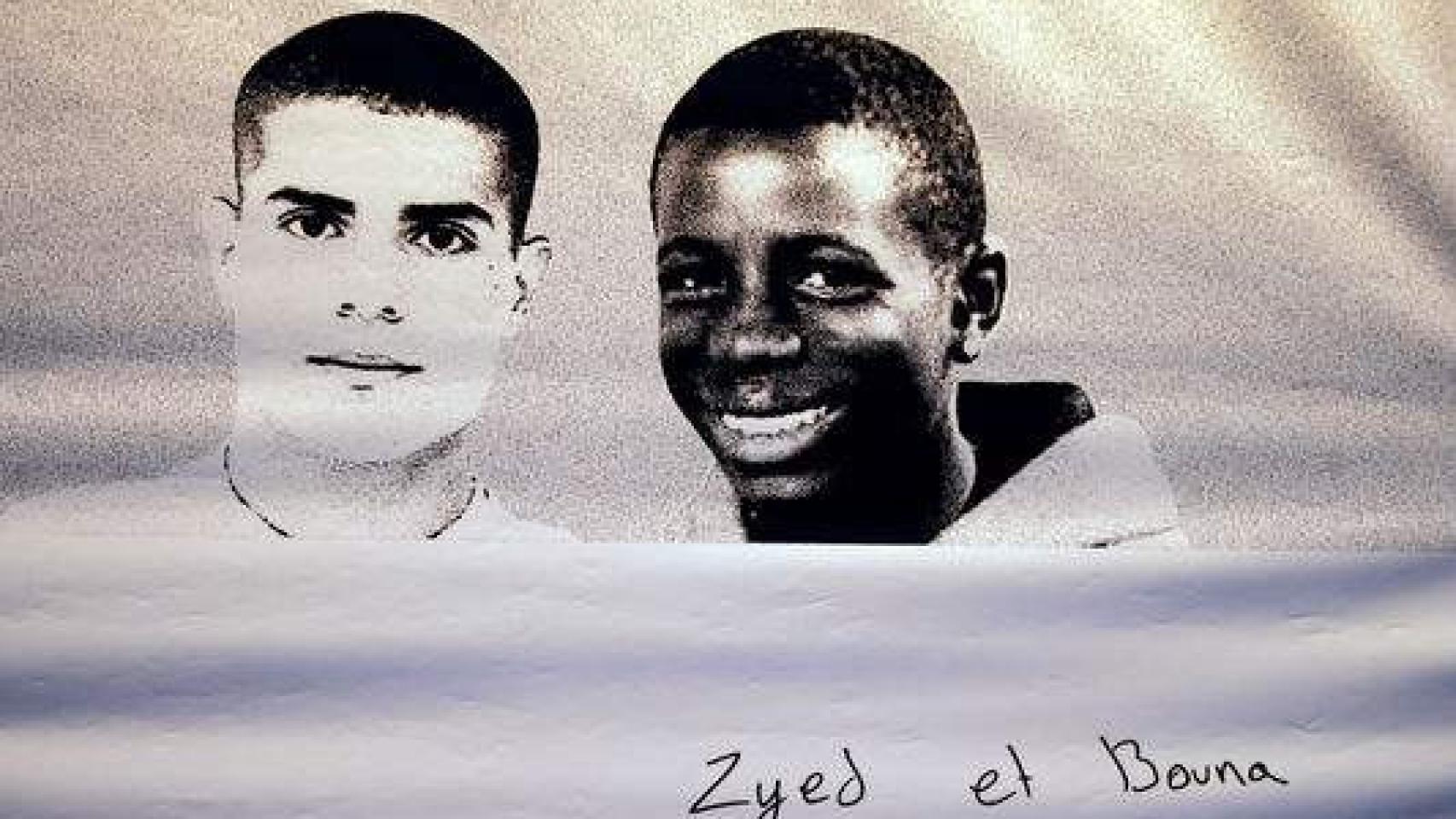 Poster with the faces of Zyed Benna and Bouna Traoré, the young men killed in 2005.