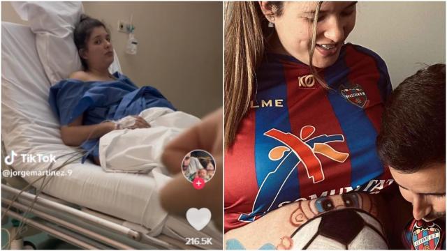 Captura del vídeo viral y otra foto de Jorge y su pareja Rocío, con camisetas del Levante, cuando ella aun no había dado a luz.