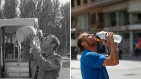 Un conductor de autobús se refresca con un botijo y un trabajador hace lo propio, con 50 años de diferencia.