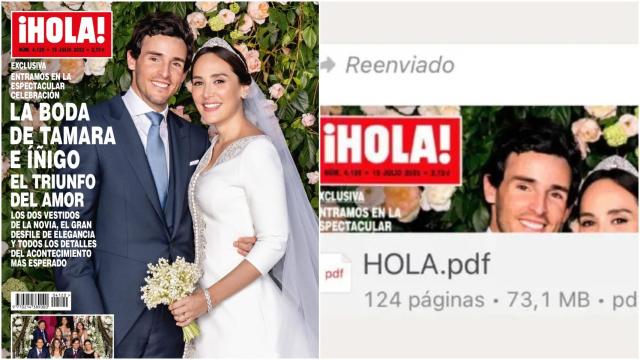 A la izquierda, la portada de la revista '¡Hola!' del pasado lunes. A la derecha, el PDF reenviado de forma masiva.