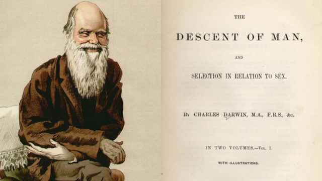 Caricatura de Charles Darwin junto a su tratado 'El origen del hombre y de la selección en relación al sexo'.