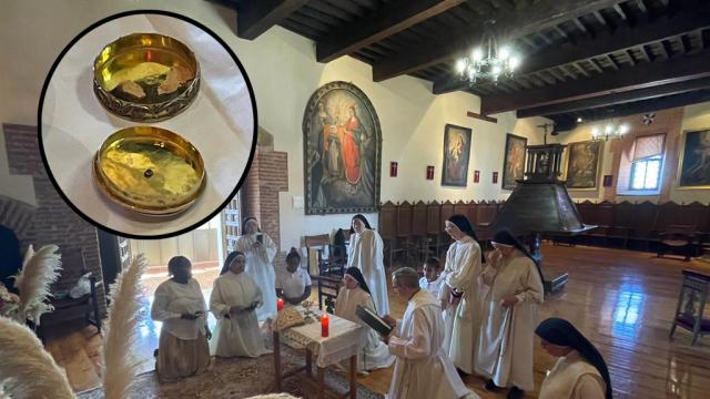Montaje con el copón de las Sagradas Formas del Motín de la Trucha y el rezo con el obispo Varela