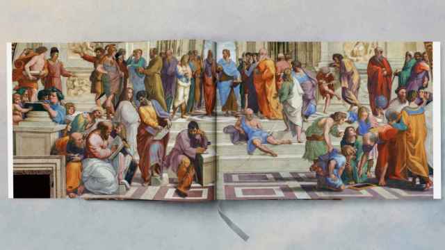 Desplegable que muestra en detalle 'La escuela de Atenas', de Rafael Sanzio (1509-1511)