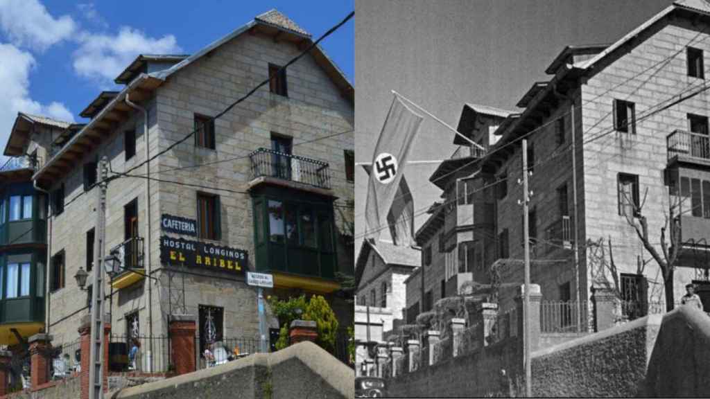 A la izquierda, el edificio del Hostal Longinos El Aribel,en 2019; a la derecha, la  misma construcción en 1943