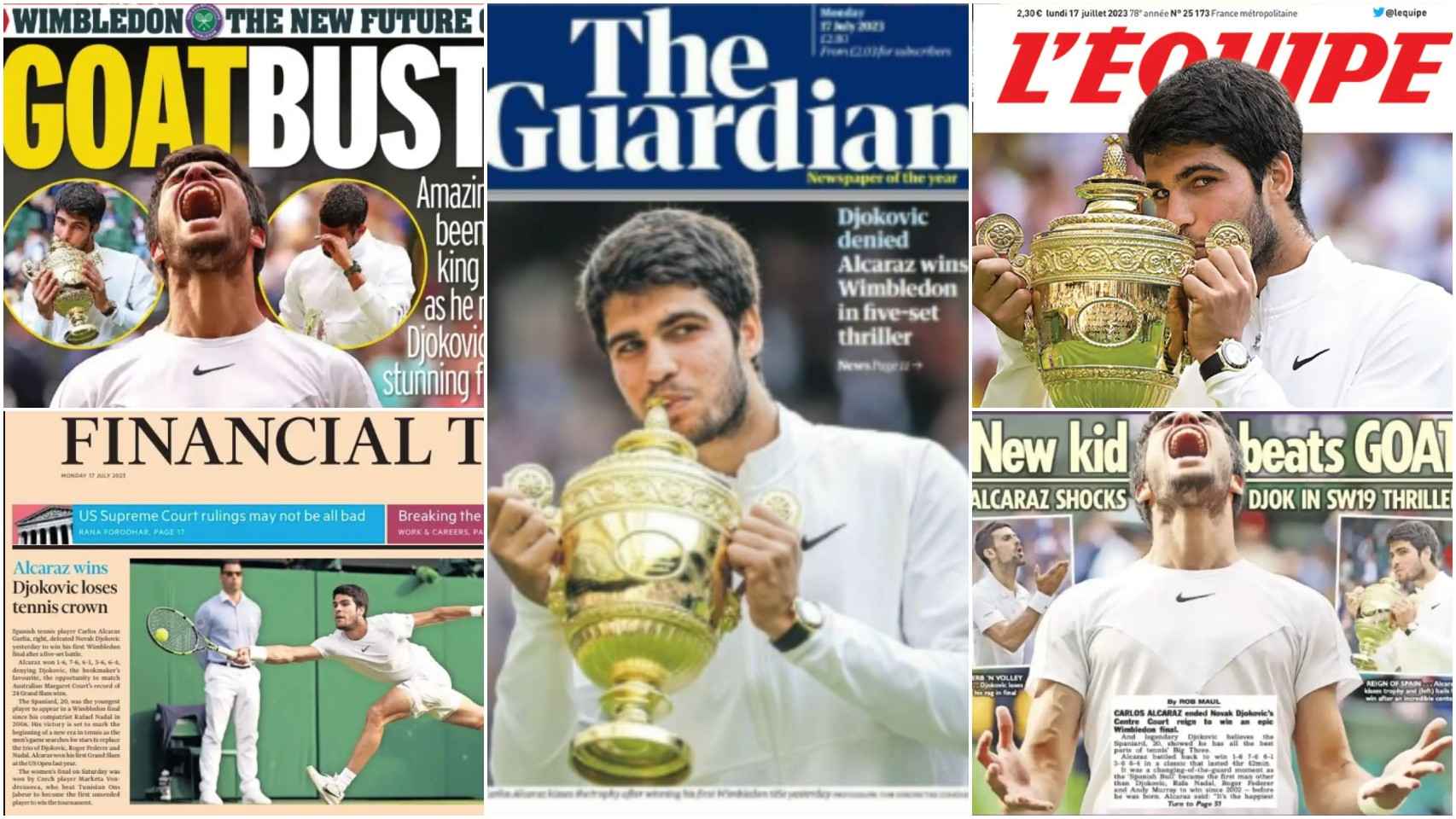Alcaraz gana en Wimbledon en cinco sets, titula 'The Guardian'