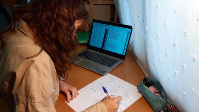 Una joven estudiando con su ordenador