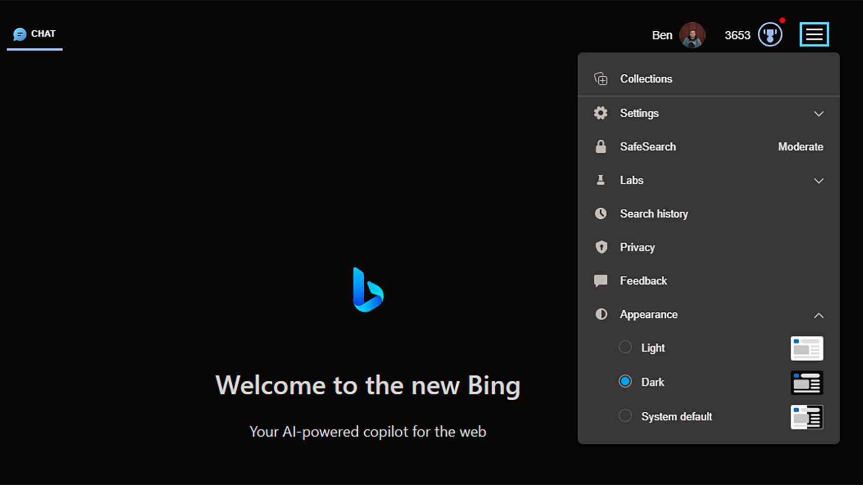Captura de pantalla de Bing, la IA de Microsoft.
