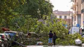 Dos personas observan los destrozos causados por las tormentas en Milán.