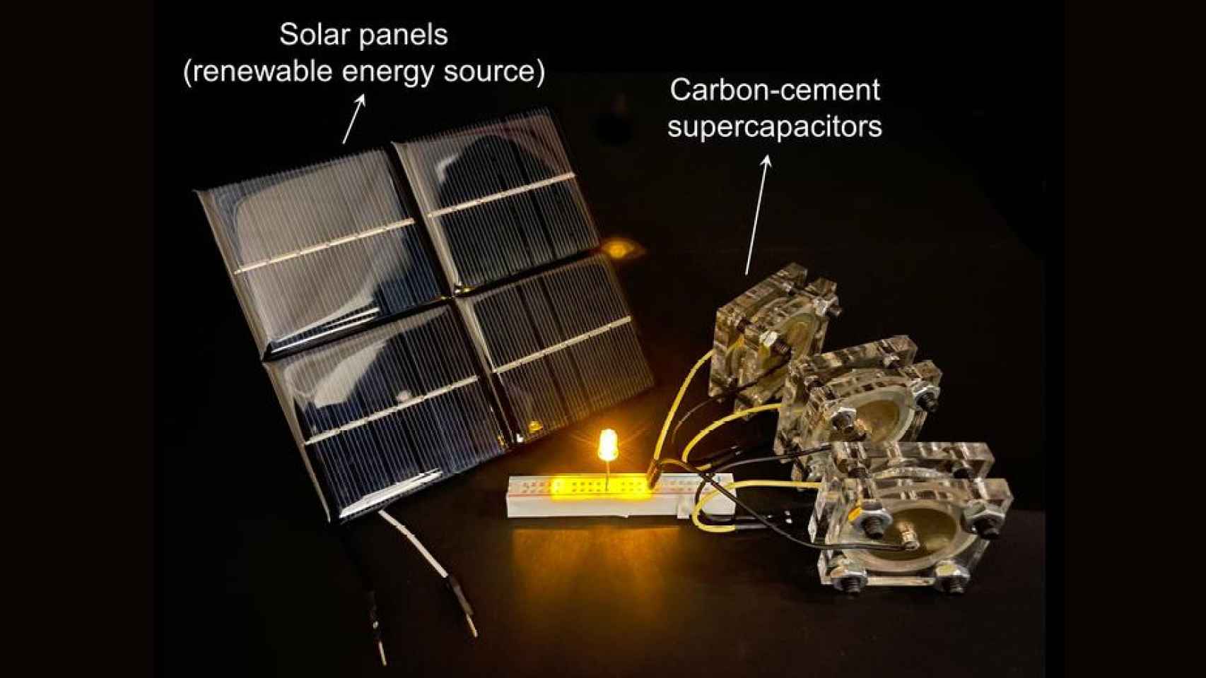 Hormigón al carbono dando energía a un LED